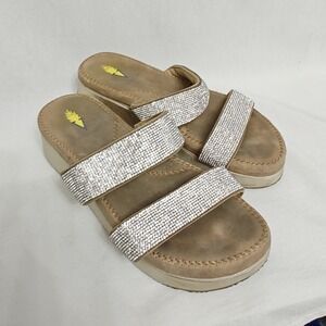 Volatile Sandals Tan Rhinestone Double Strap Platform‎ Wedge Size 7